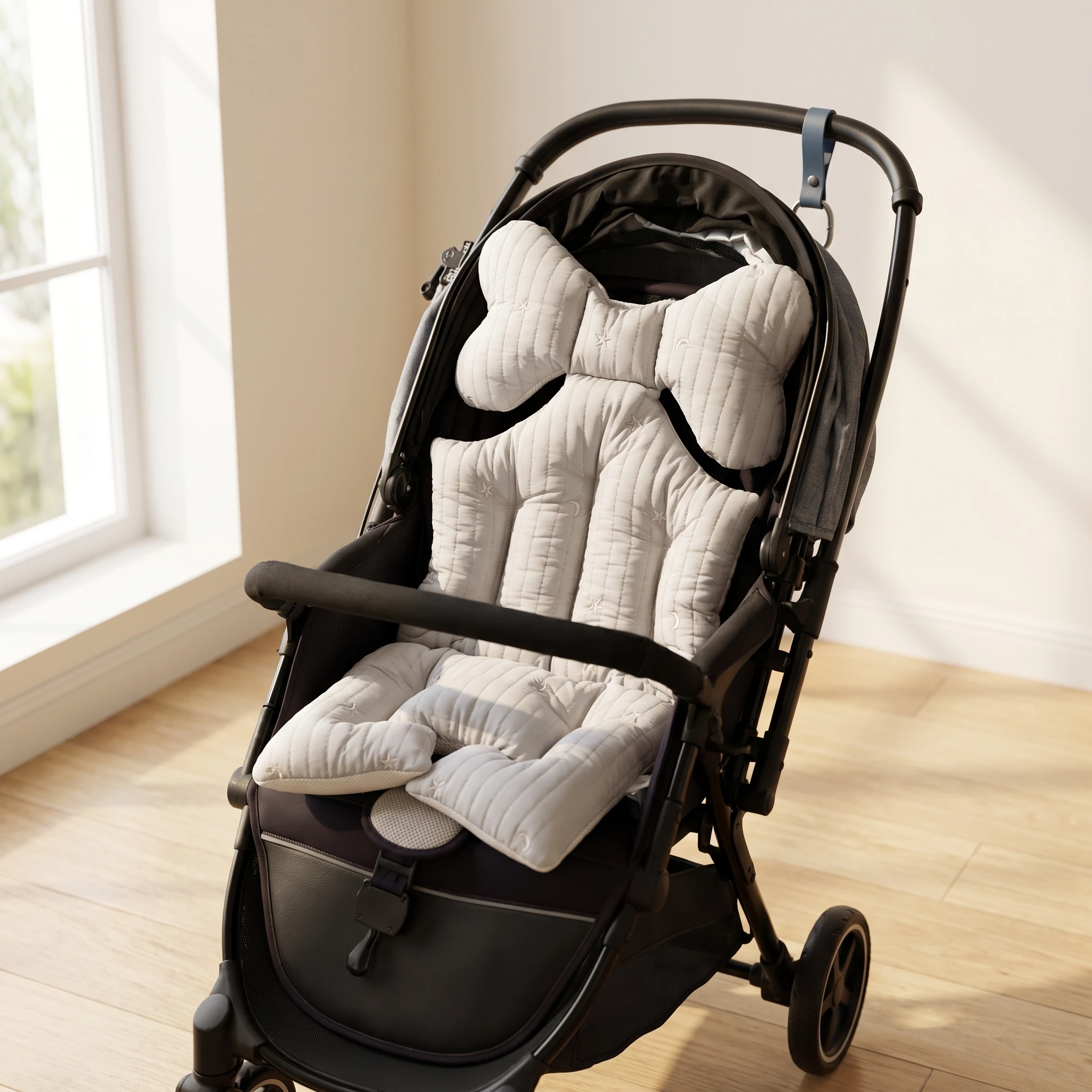Star and Moon Quilted Baby Stroller Cushion, Thickened for All Seasons, Breathable Cushion for Baby Safety Seat, Bowknot Head Protection Stroller Cotton Pad