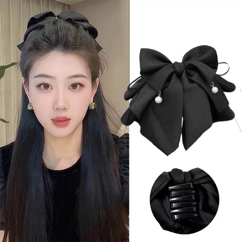 Multi-Layer Bow Bead Ponytail Clip Women French Elegant Hair Clips Shark Clip