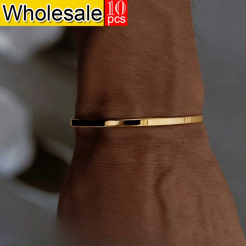 Stainless steel jewelry men bracelets simple punk golden color opening bangles width 3.5cm pulseras hombre 10pcs wholesale