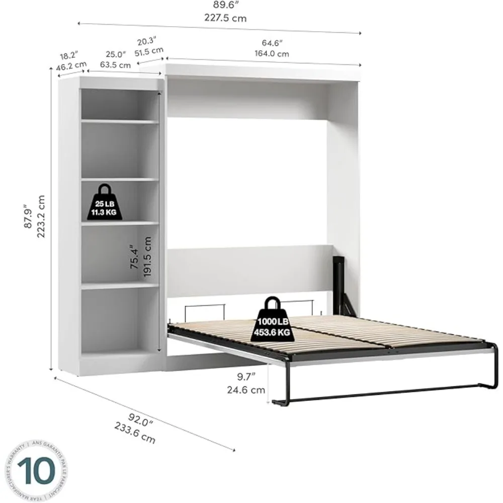 Queen Size Murphy Bed with Shelving Unit (84W) in White,Space-Saving Sleeping Arrangement for Multipurpose Bedroom Free shipping