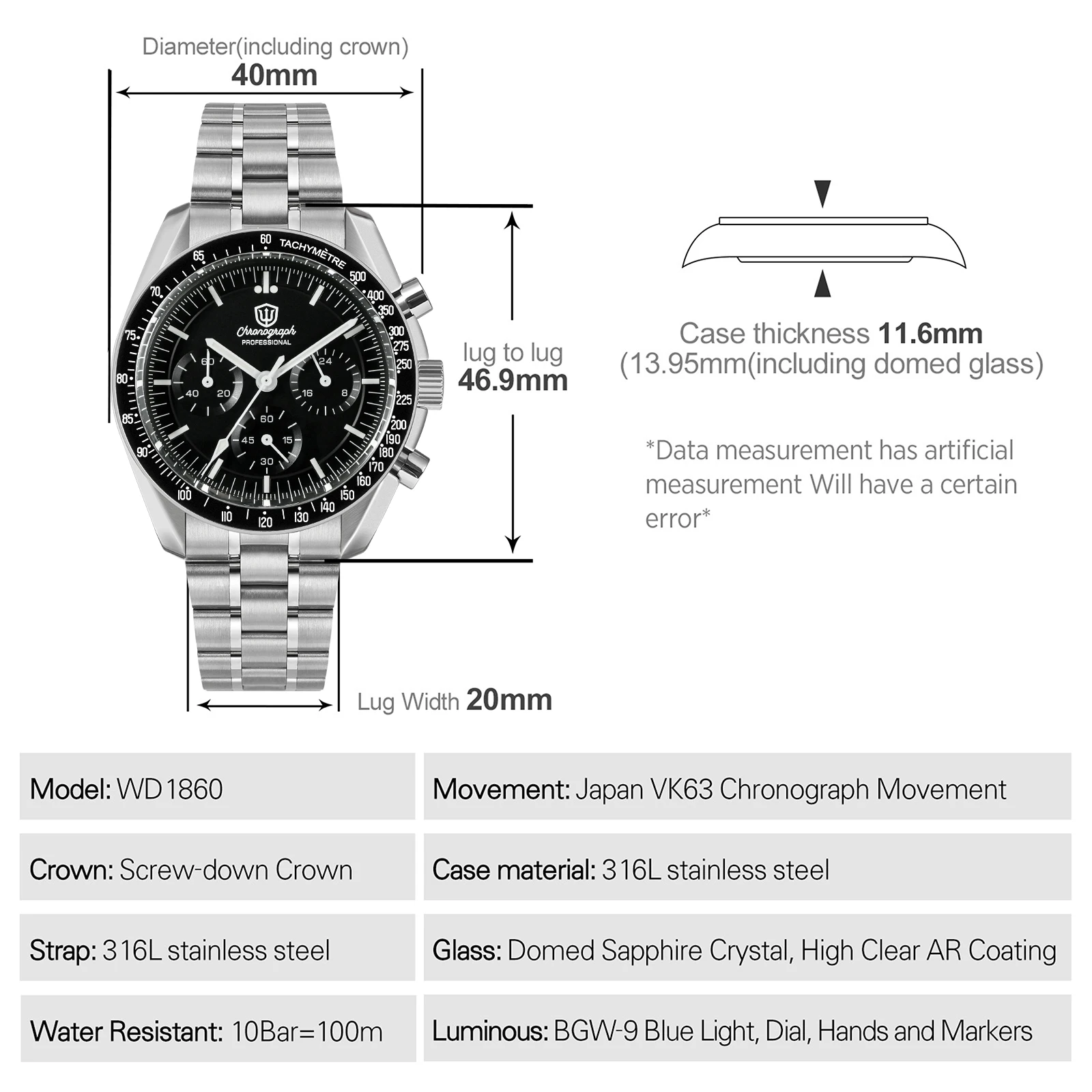 Watchdives WD1860 Quartz Watch VK63 Chronograph Movement Sapphire Crystal BGW9 Luminous 20Bar Waterproof 40mm Vintage Watches