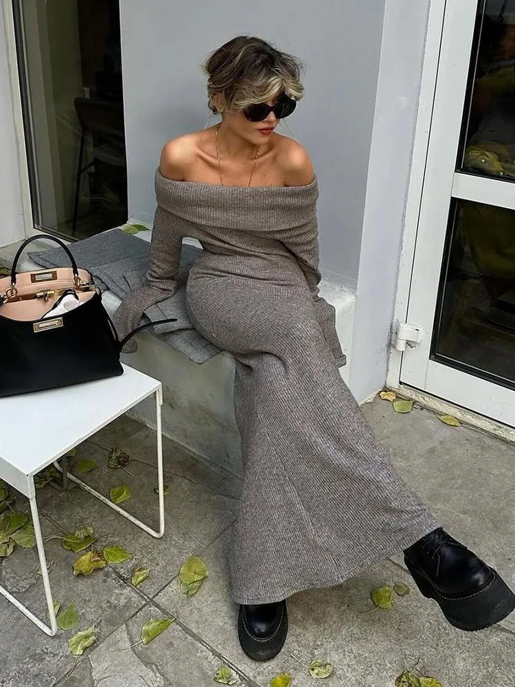 Fashion Off Shoulder Knitted Maxi Dress Women Autumn Winter Elegant Chic Solid Long Sleeve Bodycon Dresses Streetwear Vestidos