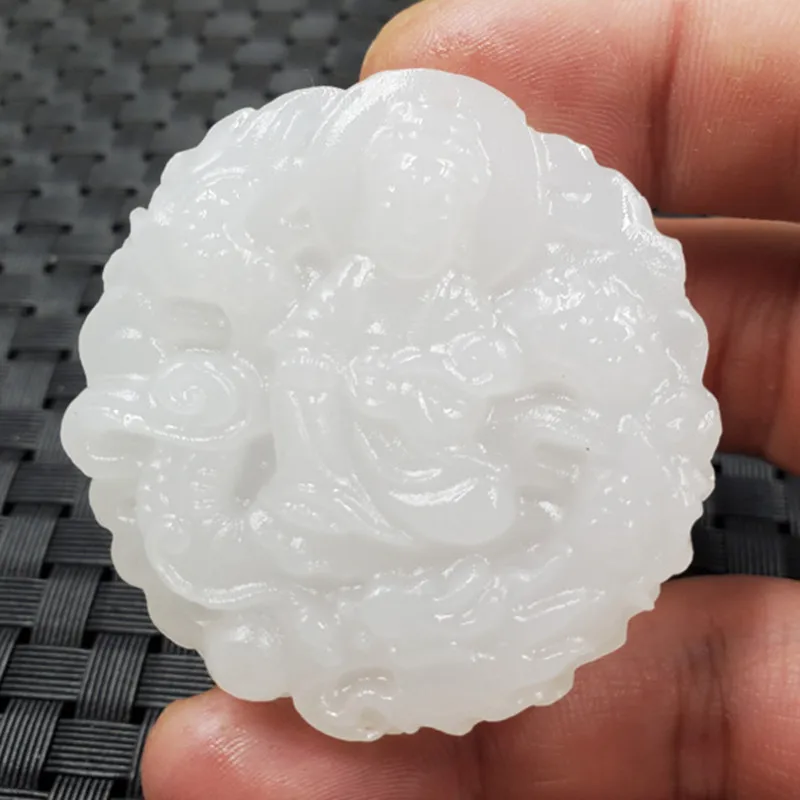 Jade Pendant Xinjiang Hetian White-Jade Statue of Guanyin Pendant Paper Spar Jade Guanyin Pendant Sitting Dragon Guanyin Pendant