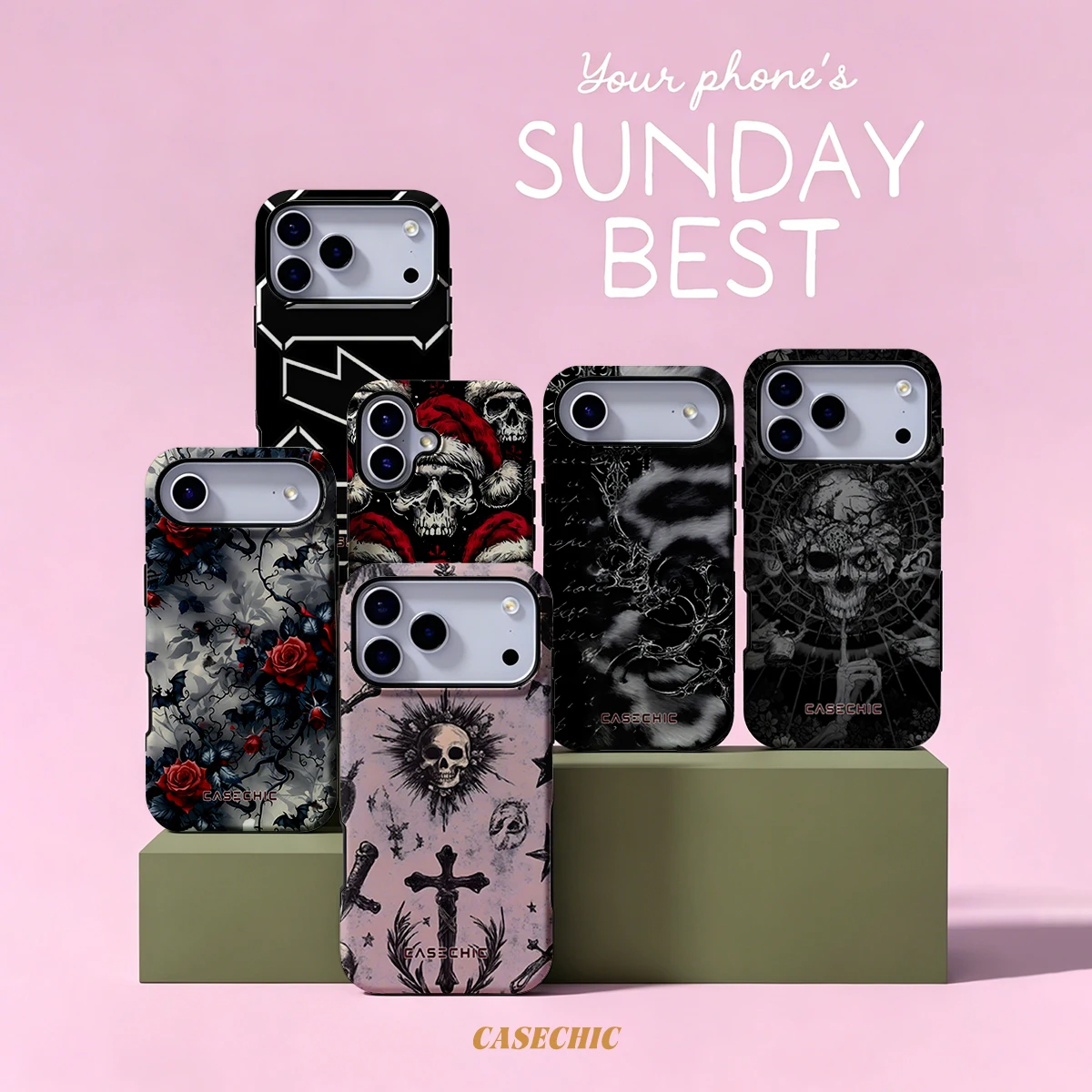 Gothic Pink Skull For Samsung Galaxy S26 S25 S24 A56 A36 Dual Layer Luxury Fashion Full Lens Protective phone Cover CaseChic