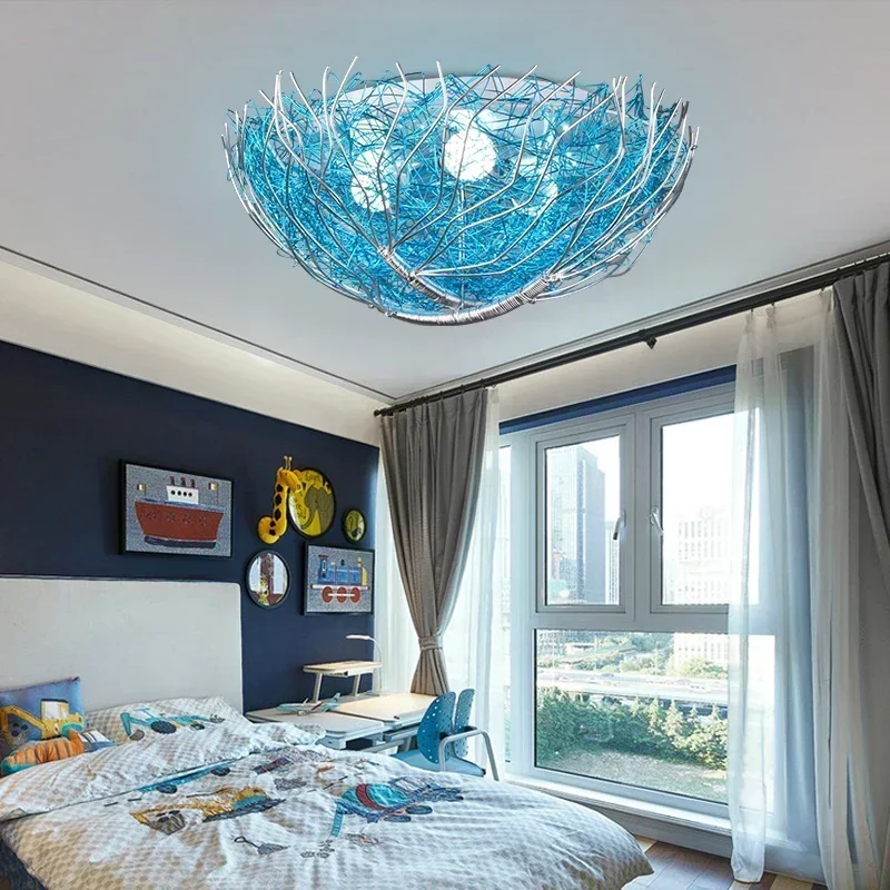 Creative Blue Bird Nest Ceiling Lamp Children's Room Bedroom Lamp Mediterranean Style Lighting Restaurant Lighting Warm Romantic