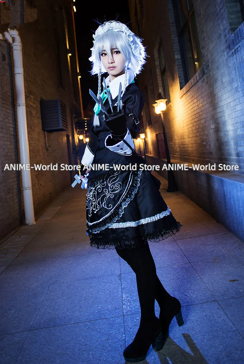 Cos Izayoi Sakuya Anime Cosplay Costume For Woman Halloween Cosplay Costume Top+skirt+apron+headwear+tie+leggings DF