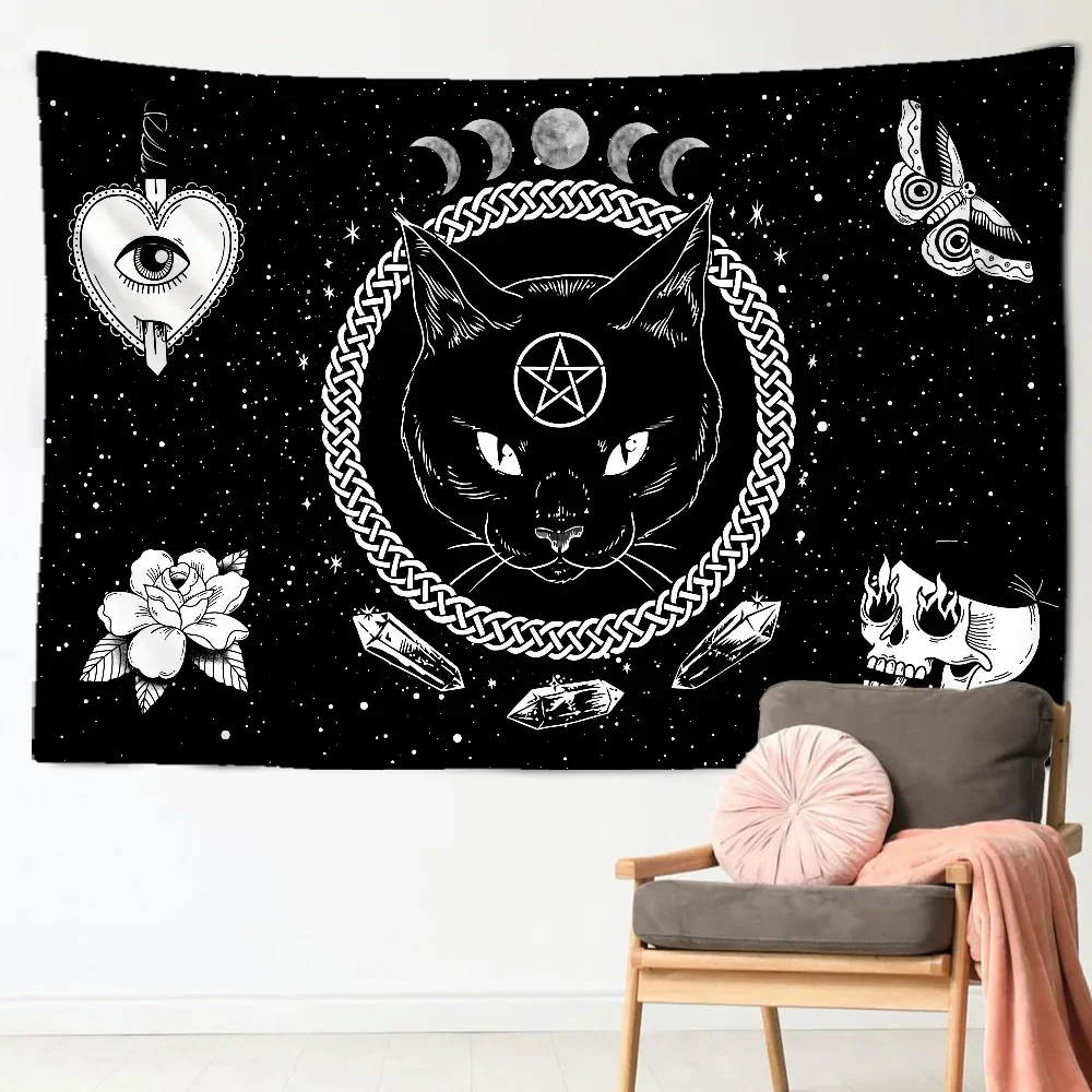 Cat Witchcraft Tapestry Wall Hanging Tapestries Mysterious Divination Baphomet Occult Home Wall Black Decor Cat Coven