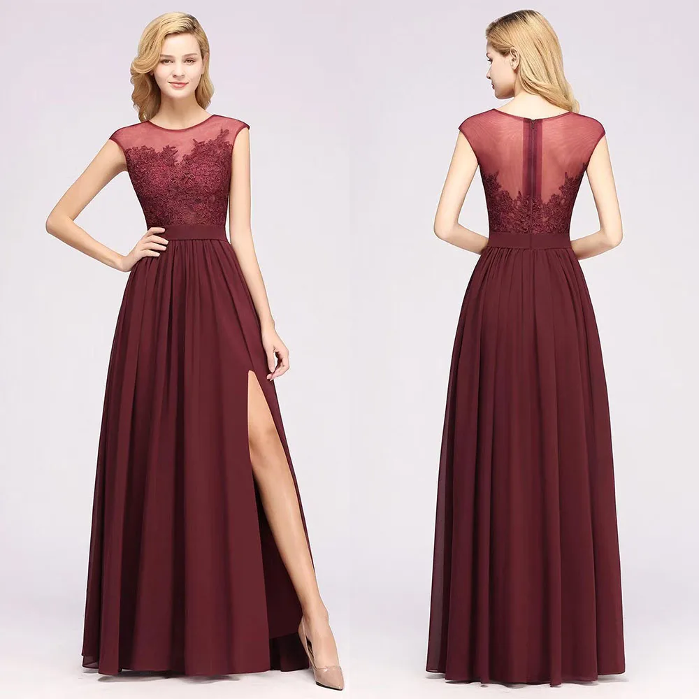 

High Quality Customized O-neck Floor Length High Fork Sleeveless Appliques Vestidos Elegantes Para Mujer Para Una Boda Dresses
