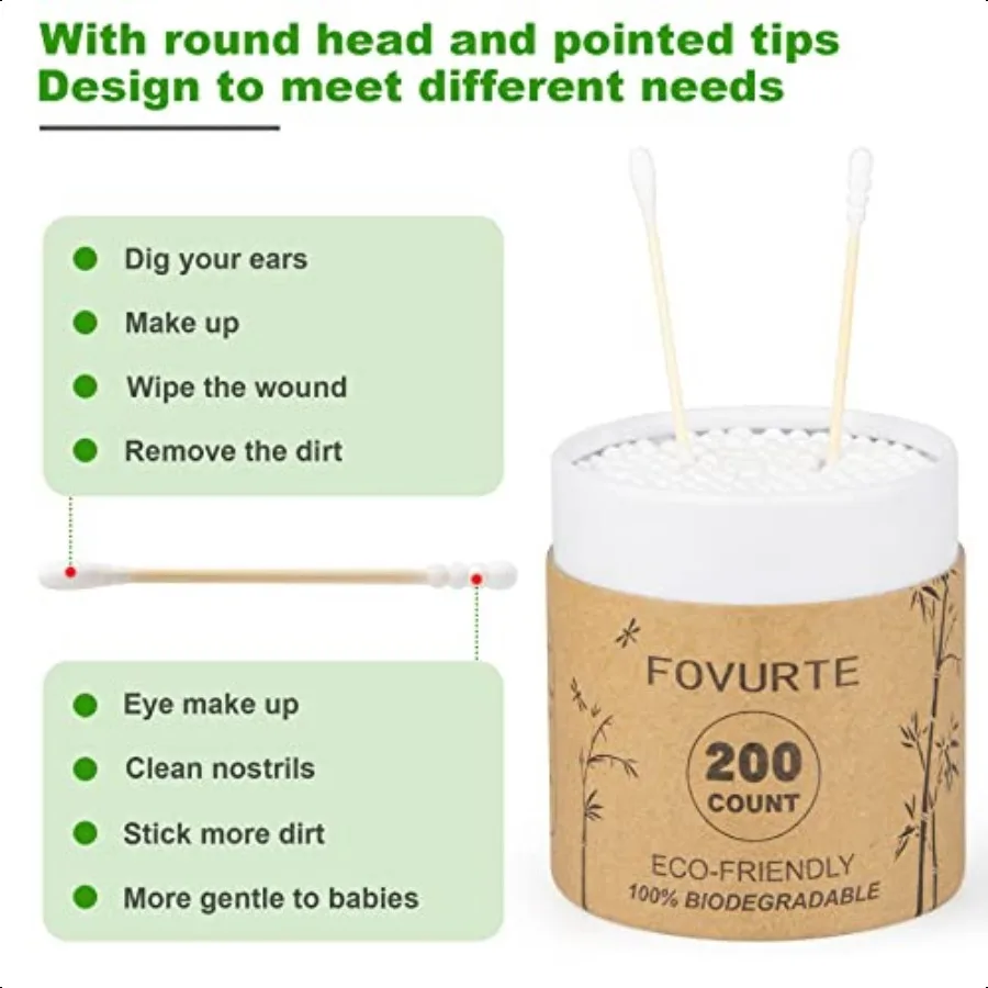 Tamponi di cotone in bambù 400 Conteggio SpiralRound Doppi qTips Tamponi di cotone Bastoncini di cotone in legno organico per orecchie Bastone per orecchie in bambù naturale