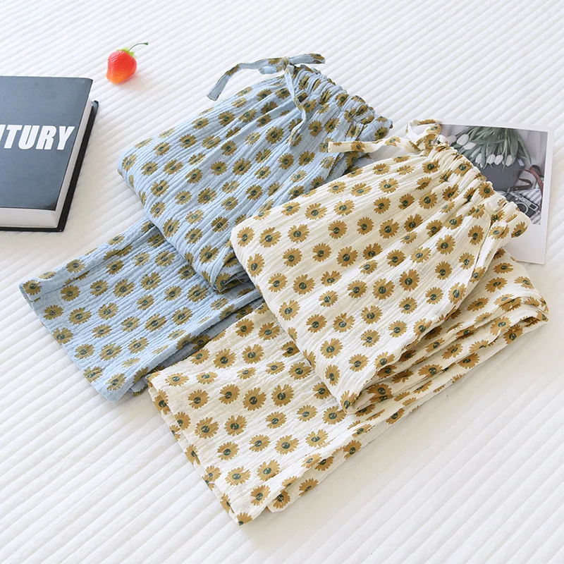 

Womens Crepe Pants Loose Cotton Home Pants Fashion Simple Ladies Pajamas Elastic Waist Sleep Bottoms Summer Loose Sleepwear 2022