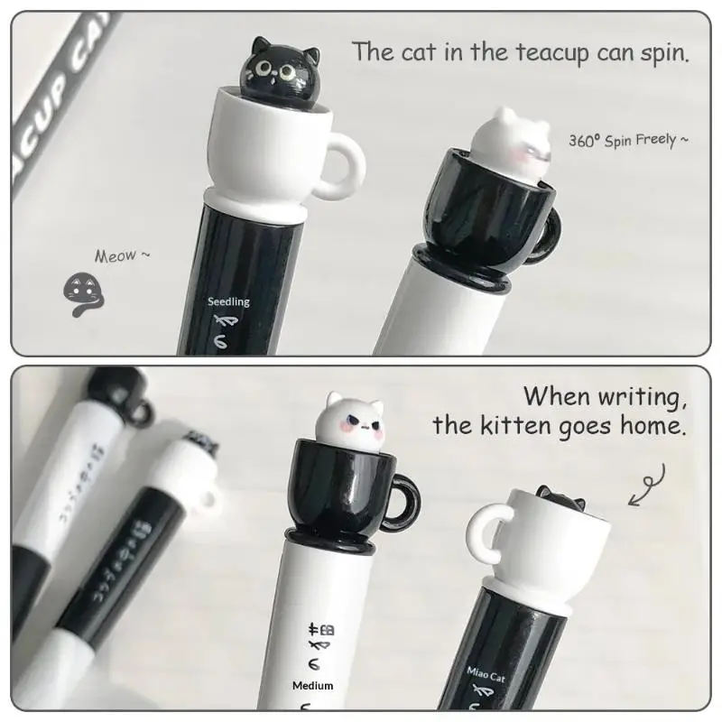 

New Cute Teacup Cat Gel Pens 0.5mm Fun Animal Quick Dry Pen Creative Rotating Cat Pocket Pen For School & Office Use