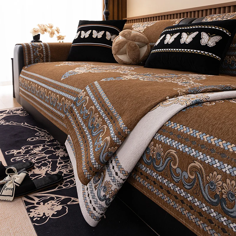 European Geometric Patterned Sofa Cushion High-End Chenier Couch Cover for All Seasons Anti-Wear Anti Slip Protection Slipcover