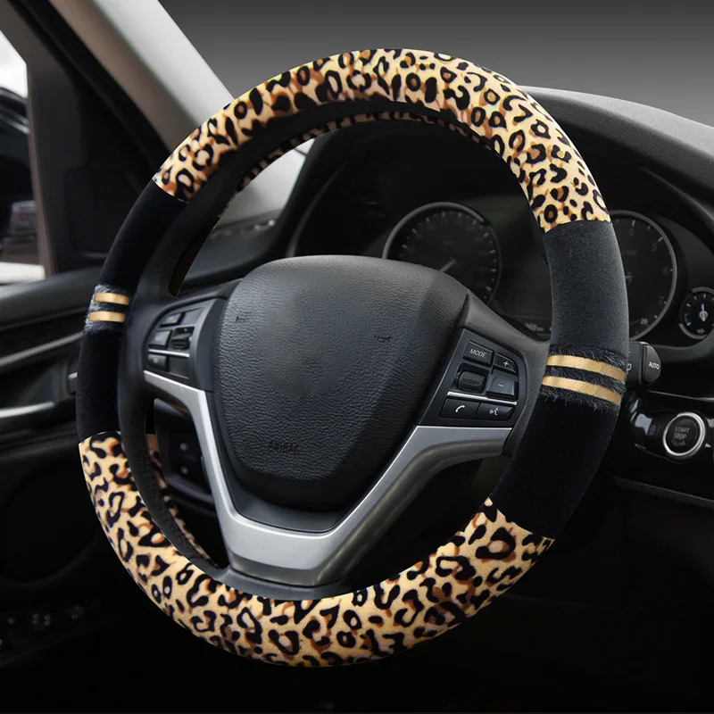 

38cm Winter classic leopard print steering wheel cover female Plush handle cover Automotive interior modification