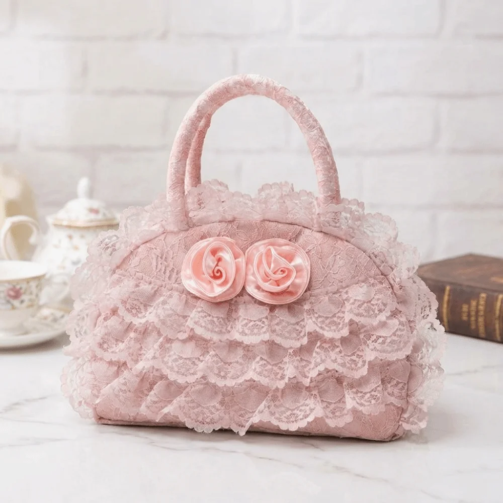Polyester Material Ruffled Lace Handbag 3D Fabric Rose Multilayer Lolita Bag Dome Top Handle Spacious Interior Small Tote Bag
