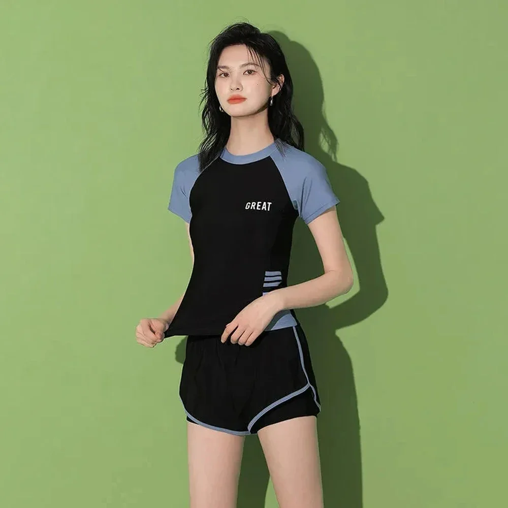 

Swimming Costume Women Summer Casual Short Sleeve Shorts Two Piece Student Conservative Swimwear Swimming Surf Beachwear