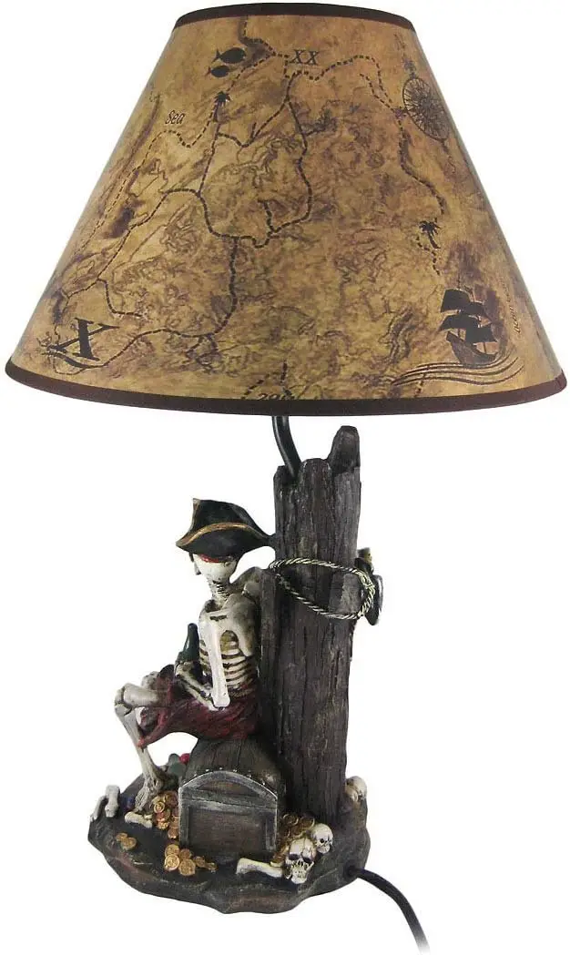 

21-Inch High Caribbean Pirate Skeleton Table Lamp with Map Shade - Seafaring Bedroom Light for Nautical Adventurers and Beach H