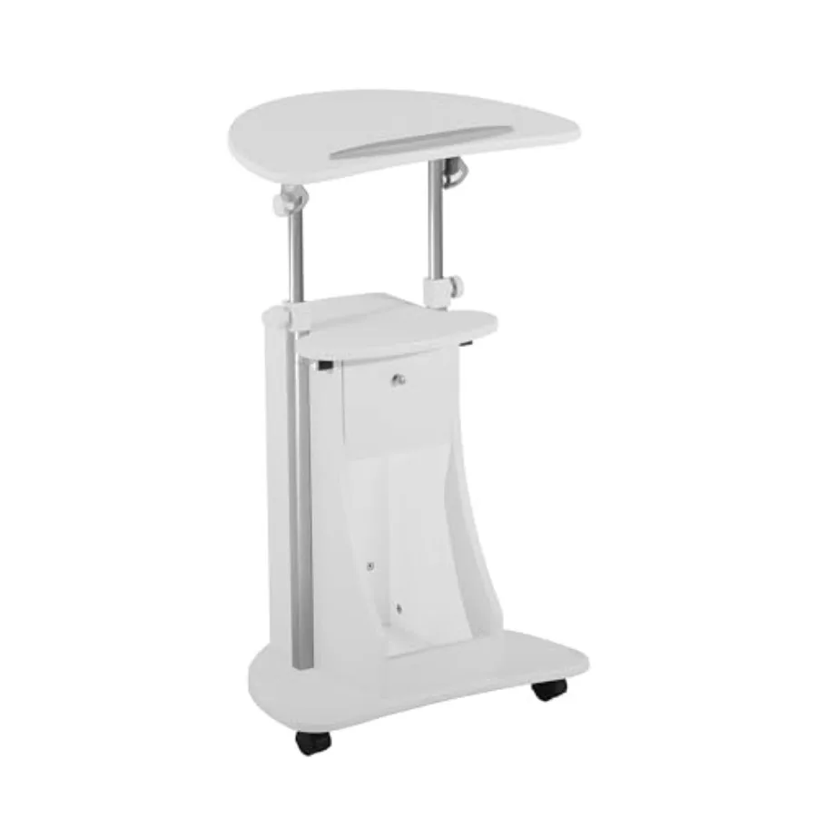 

Adjustable Height Rolling Laptop Cart with Storage for Office Use, White Steel Frame, Smooth Casters, Sit-to-Stand Functionalit