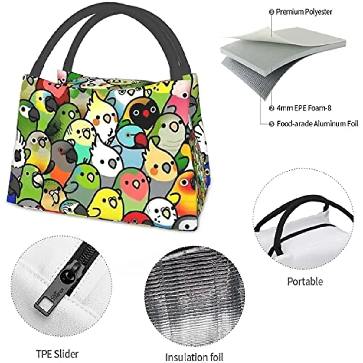 Lunch Box for Girls Insulated Small Cute Birds Lunch Bag Women Gifts Fresh Reusable Lunch Bag for Girl Green Soft Foldable Anime