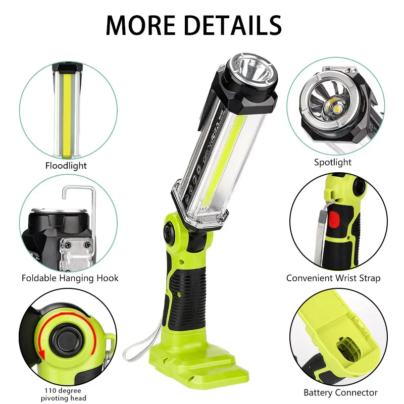 Cordless 2000LM LED Work Light for Ryobi 18V Li-ion NiCd NiMh Battery Portable Handheld Flashlight Floodlights Camping Lamp