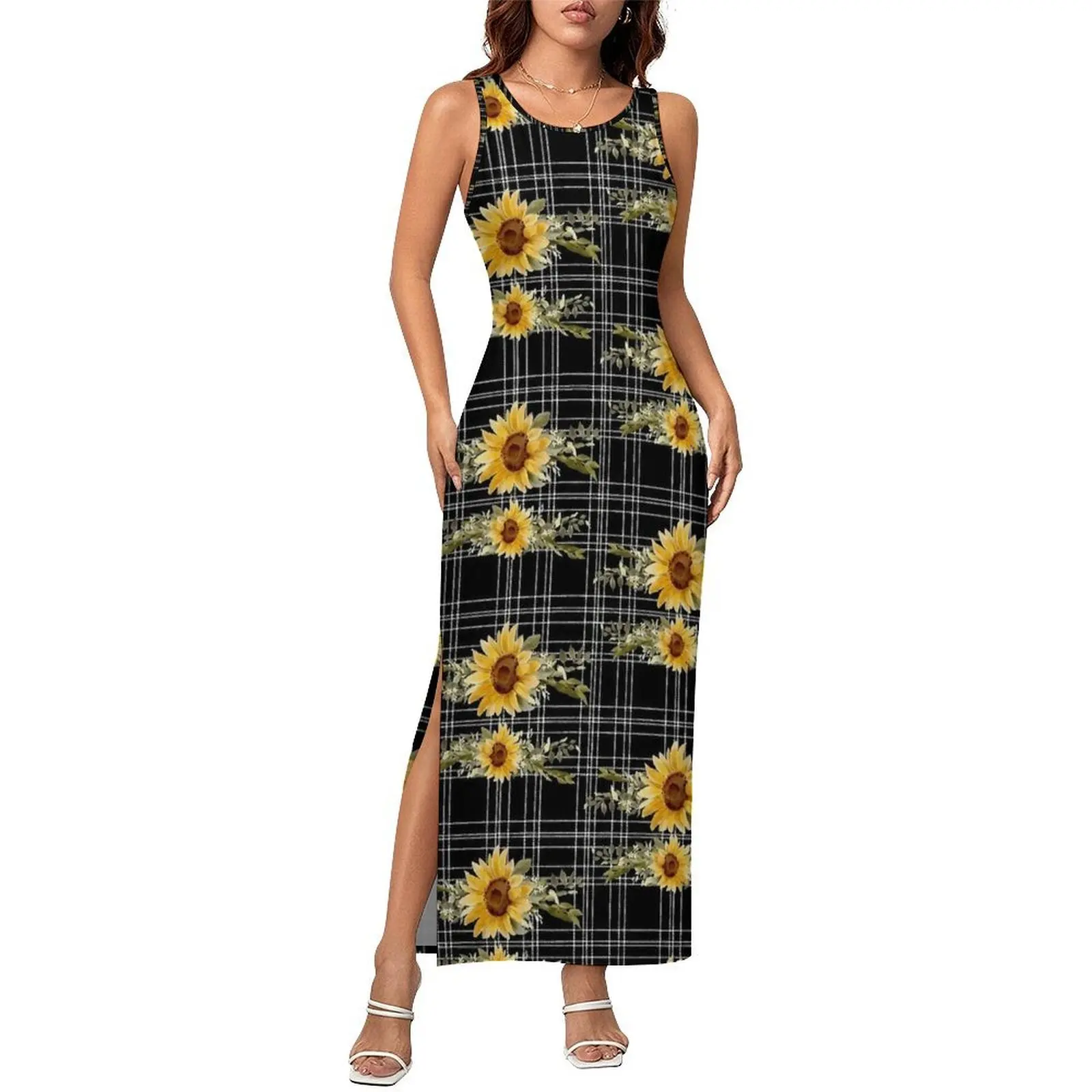 Sunflower Black And White Plaid Bodycon Dress Spring  Modern Maxi Dresses Female Sleeveless Pattern Casual Y2k Dress Big Size