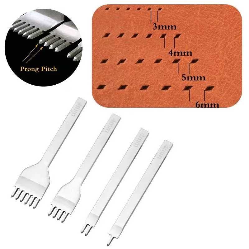 3/4/5/6mm Spacing Punch Tool For Leather Craft Handmade Hole Punching Tools DIY Lacing Stitching Chisel 1/2/4/6 Prong Set