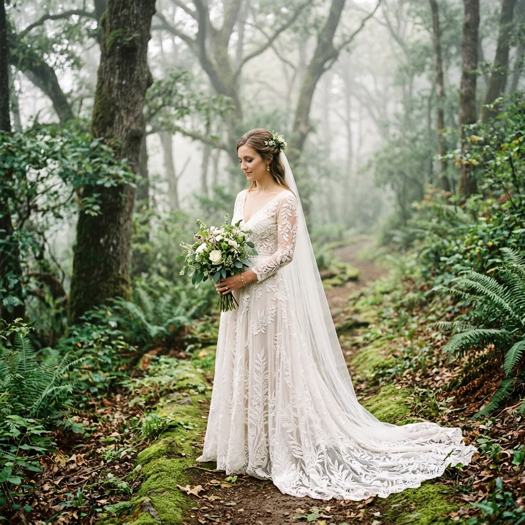 Bohemian V Neck Long Sleeve Leaf Lace A Line Wedding Dress with Train Forest Bridal Gown