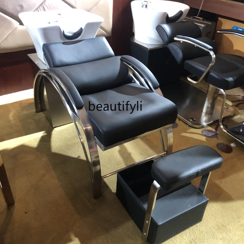 Stainless Steel Shampoo Chair Hair Salon Flush Hair Lying Half Deep Basin Ceramic Basin with Pedal