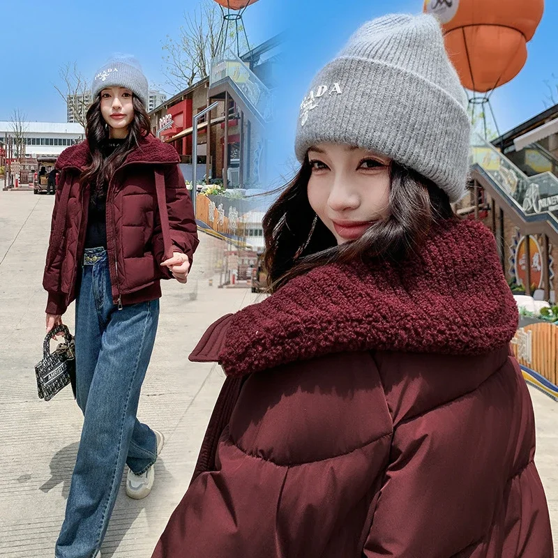 

Lambswool Lapel Collar Short Women's Down Cotton Padded Jacket Female 2025 New Autumn Winter Temperament Commuting Outwear Coats