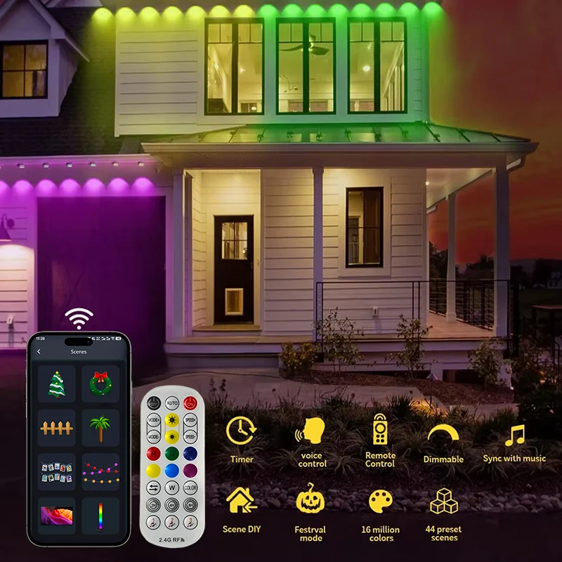 45M 90LED 영구 설치형 스마트 야외 RGBIC LED 조명 (리모컨 포함, 집 전체 마당 조명, 파티, 크리스마스, 휴일 장식용)