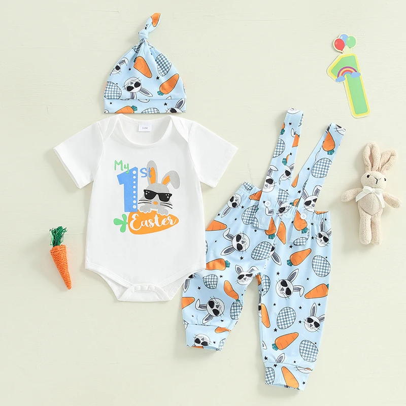 

Baby Boys Easter Outfits Letter Print Short Sleeve Rompers Suspender Pants Hat 3Pcs Spring Summer Set