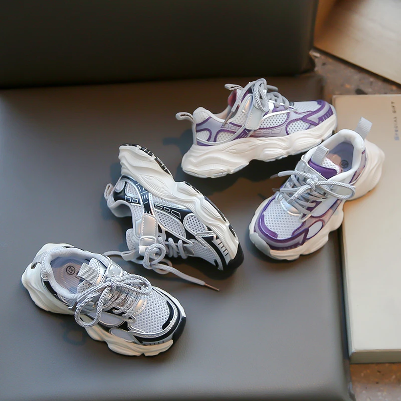 Ragazzi ragazze sandali estate nuovo grigio maglia traspirante scarpe Casual per bambini viola morbido antiscivolo sandali sportivi per bambini
