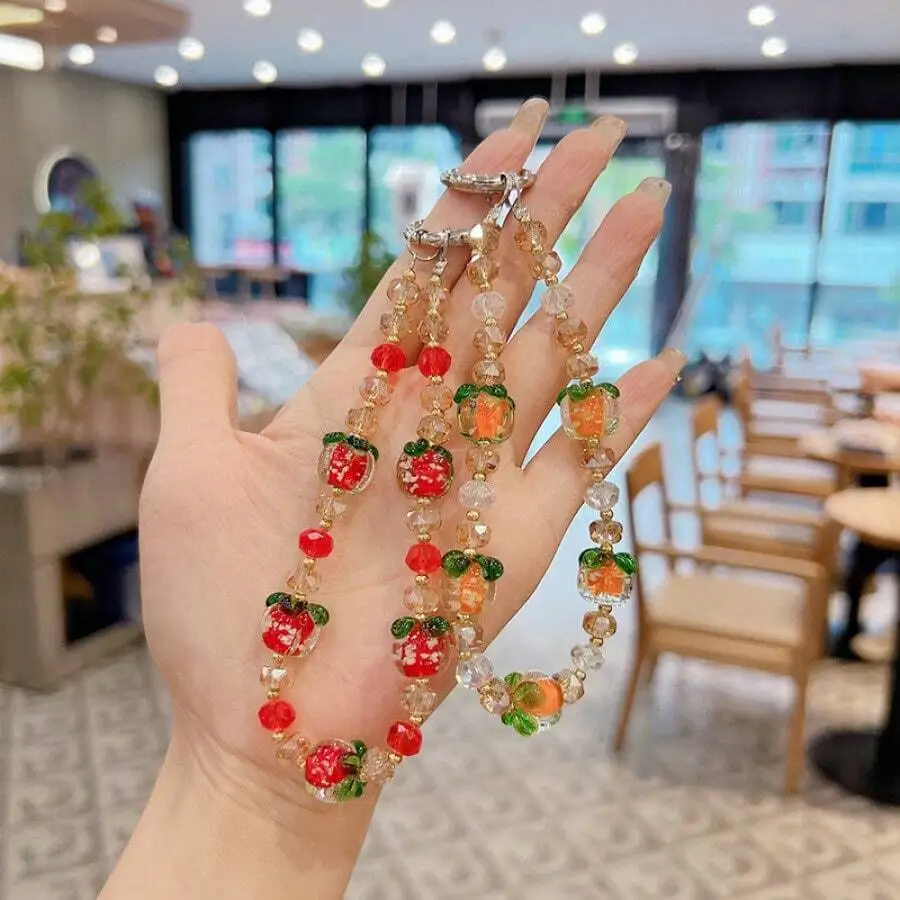 

Crystal Bead Persimmon Strawberry Phone Chain Car Keychain Bag Charm Decoration