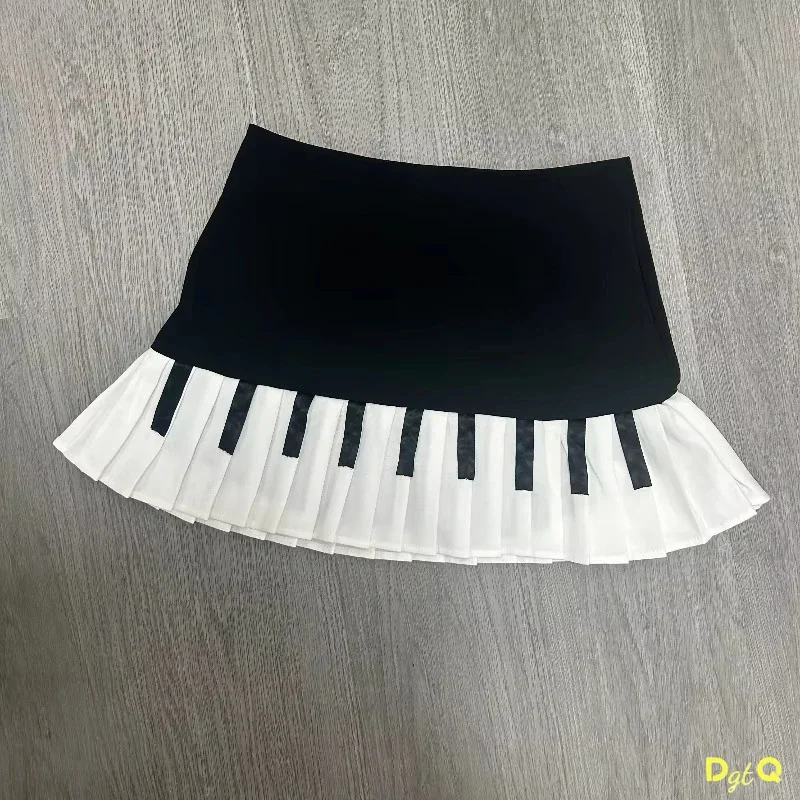 Spring Black White Spliced Women Short Skirt 2025 Y2k Slim Design Harajuku Mini Skirt Female Empire Korea Style Chic Piano Skirt