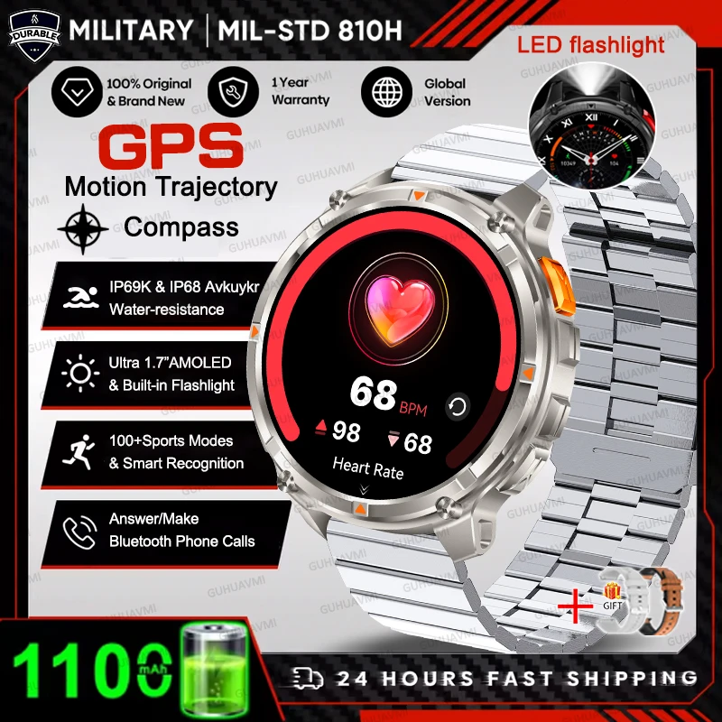 2026 HOT Nieuwe Sport Smartwatch 1100mAh Grote Batterij Duurzaam Kompas 10ATM Waterdicht Tactisch 170+ Sporten BT Oproep Smartwatch Heren