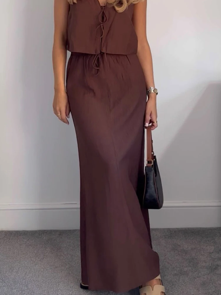 HH-Conjunto de falda y chaleco liso Vintage para mujer, chaleco corto con lazo elegante y falda informal con cordón de cintura alta, ropa de calle