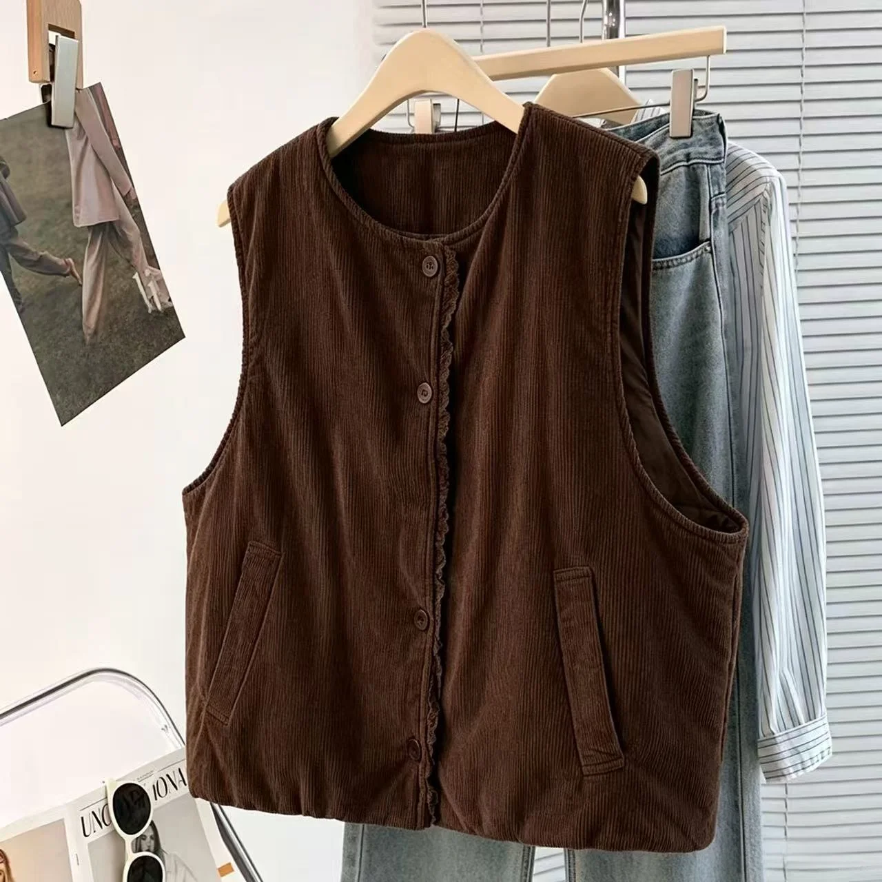 Corduroy Thin Vest Outerwear Autumn Winter Vintage Warm Sleeveless Loose Short Top Casual Style Women's Fashion Daily Wear