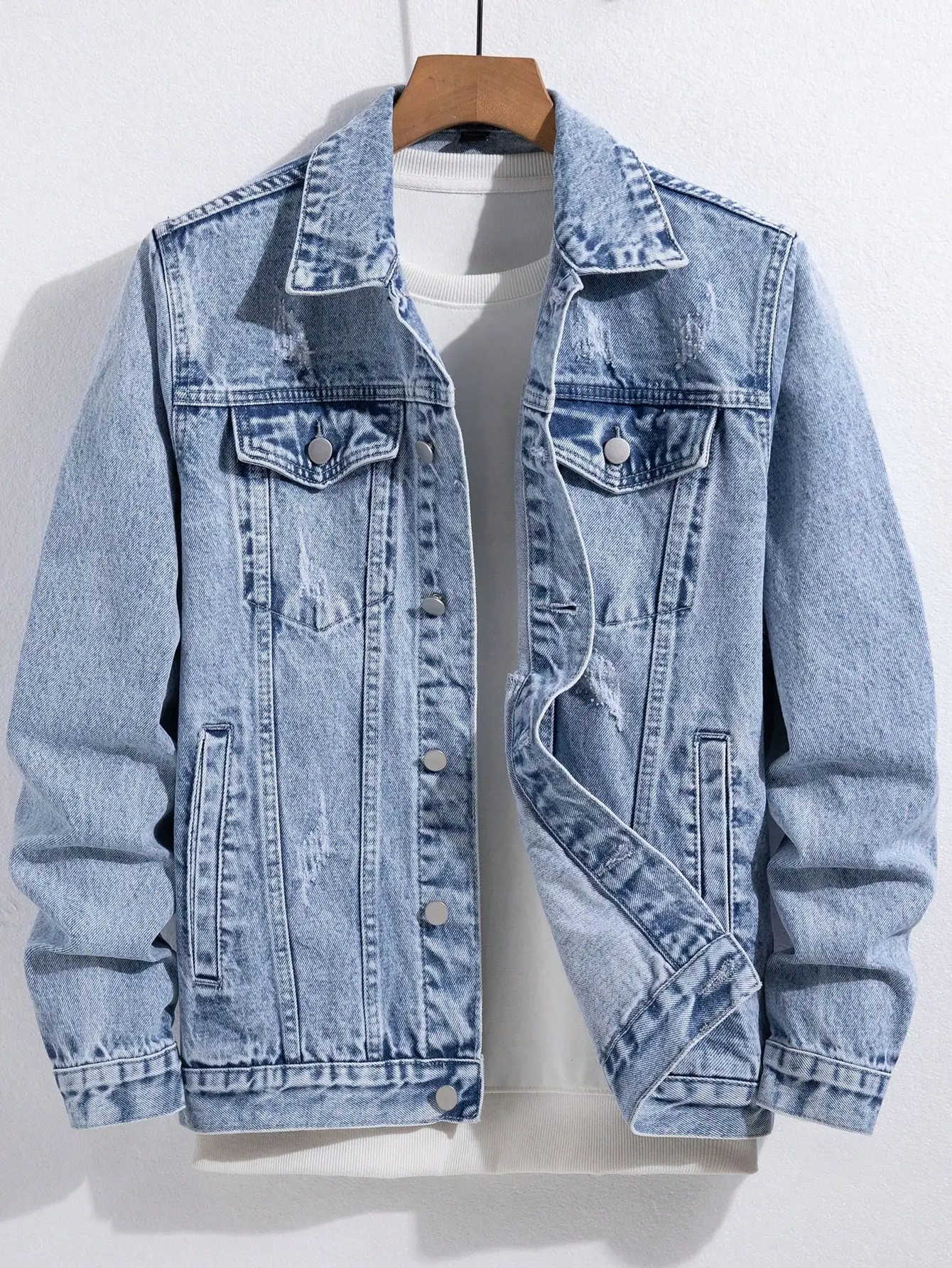 Men's Vintage Light Blue Ripped Denim Jacket | Classic Workwear Streetwear Coat