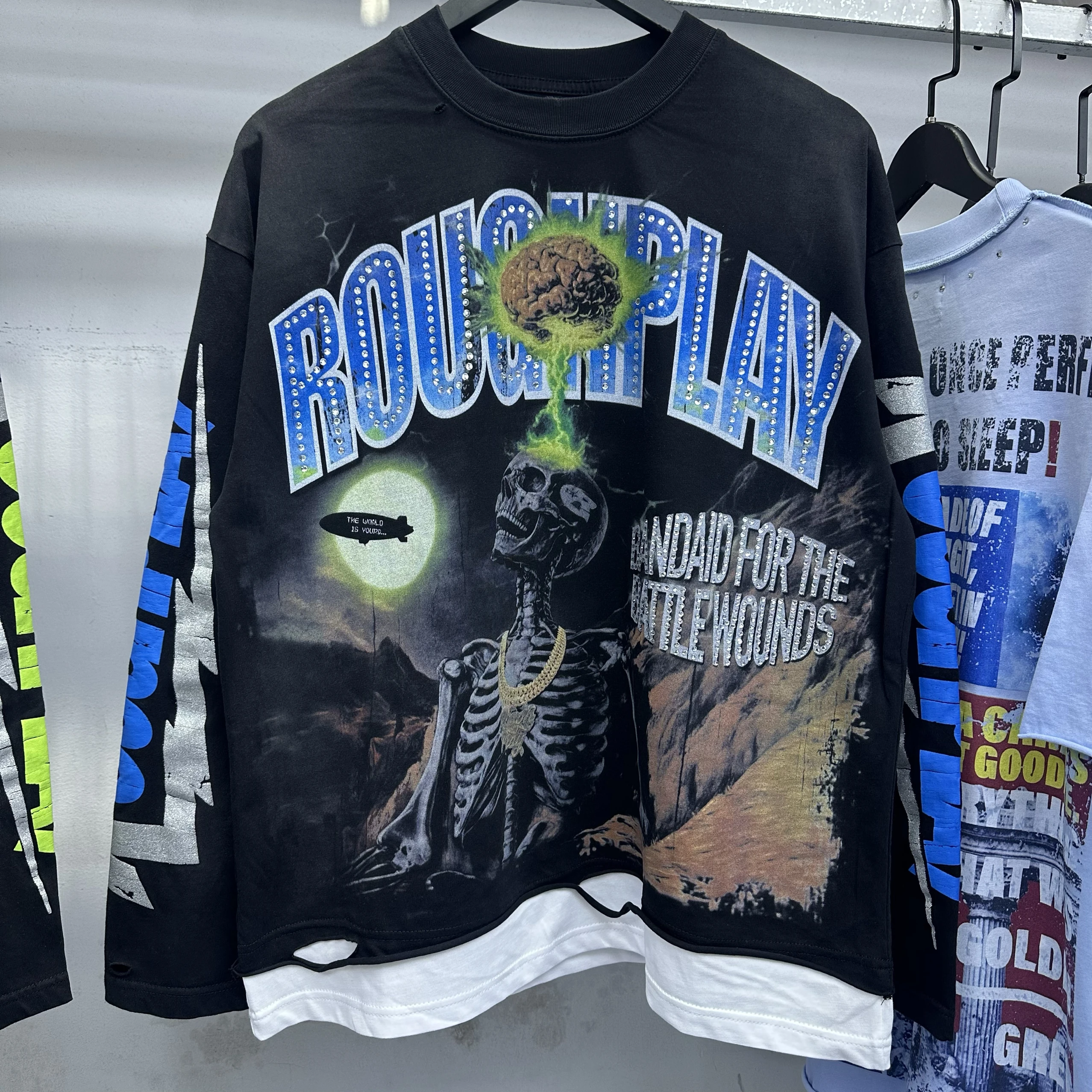 

Rough Rhinestone Patchwork Loose Long Sve T-irt Retro Print Faionable American Brand Early Spring New Sle for Youth