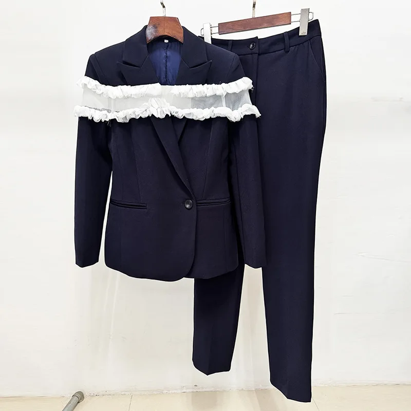 2026 New Lace Patchwork Lapel Blazer High Waist Long Pant 2 Pcs Set Elegant Street Style Jacket And Pants Set Evening Party Suit
