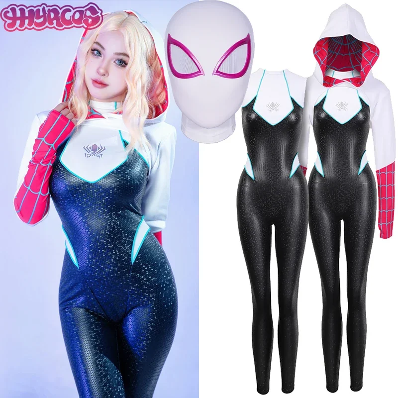 Anime Gwen of Spider-Women Cosplay Costume Gwen Jumpsuit Cosplay Mask and headgear Halloween For Comic Women Leather Bodysuit