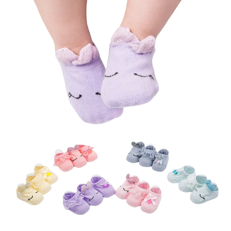 3 Pairs/lot 0-12M/12-24M Baby Girls Lace Socks Bow And Love Eyes Closed Rabbit New Born Anti-slip Toddlers Infant Princes Socks