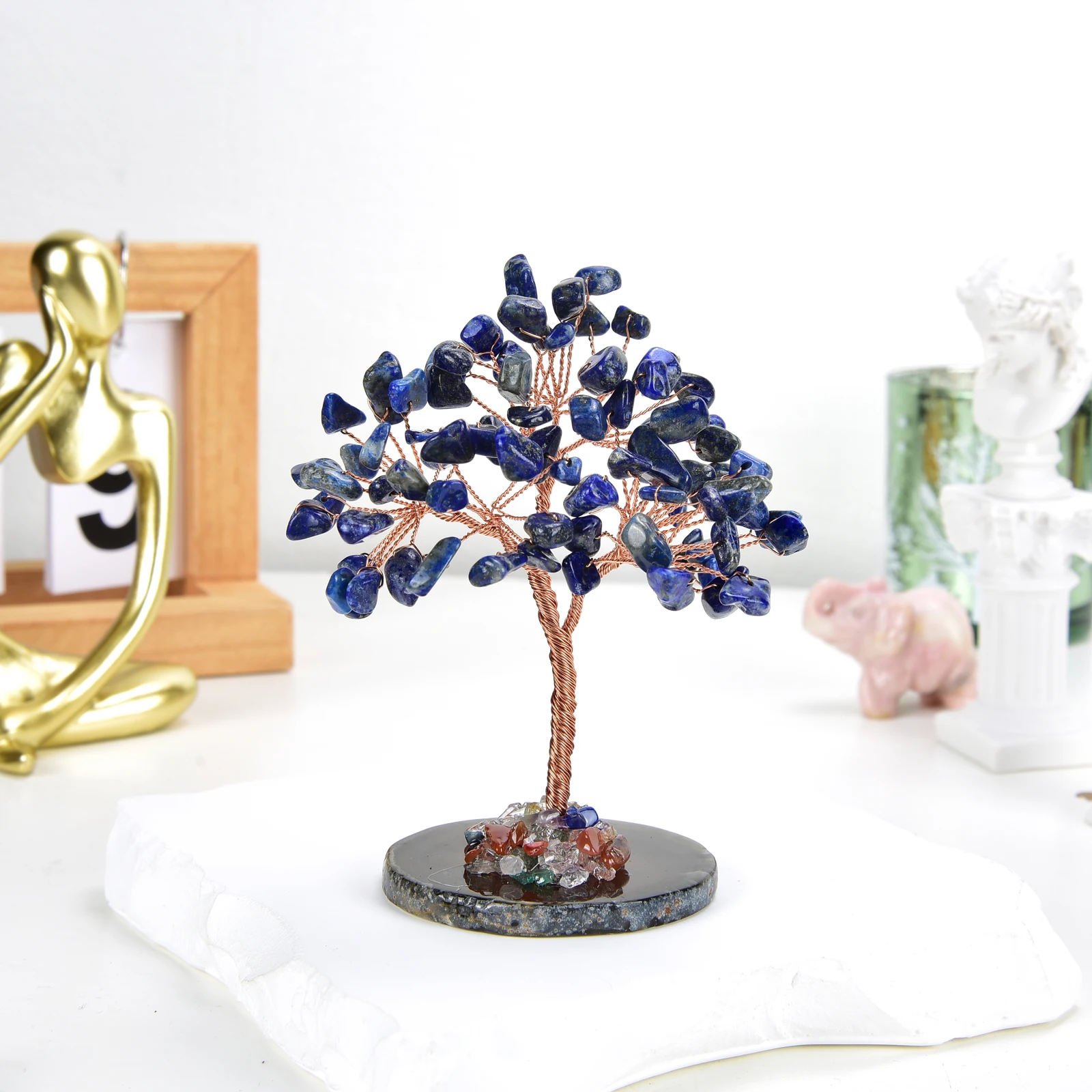 Lucky Crystal Tree Random Stone Base Natural Lapis Lazuli Money Tree for Positive Energy Crystal Tree Home Office Decoration