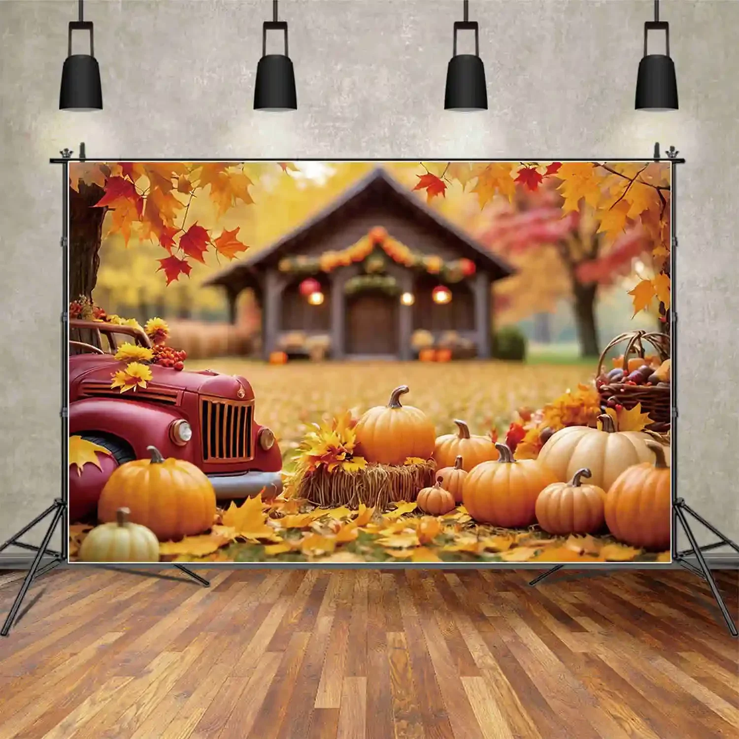 MOON.QG Autumn Harvest Photo Studio Background 2025 Thanksgiving Photography Backdrop Fallen Leaves Farm Truck Pumpkin Back Drop