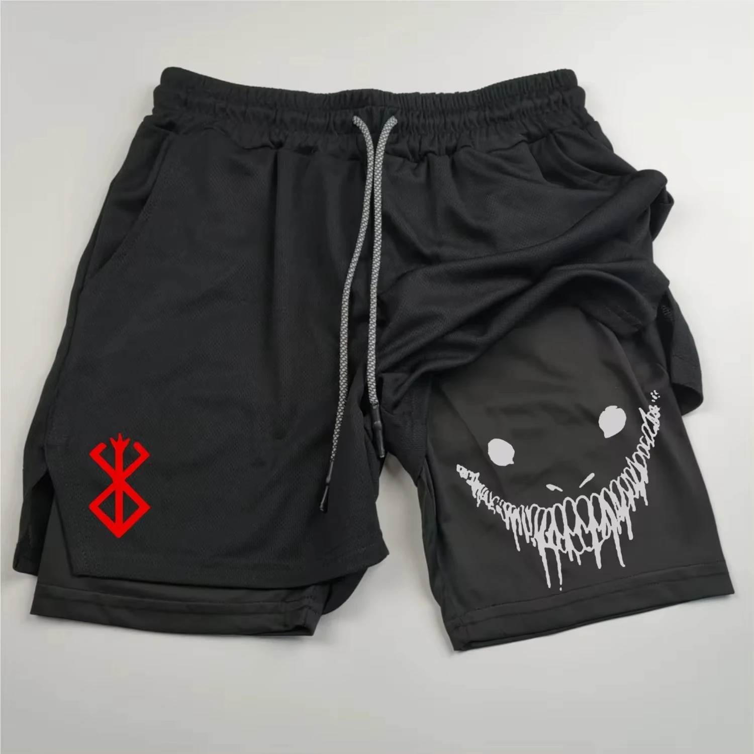 Anime Berserk Running Shorts Men Fitness Gym Training 2 in 1 Sports Shorts Quick Dry Workout Jogging Double Deck Towel Shorts