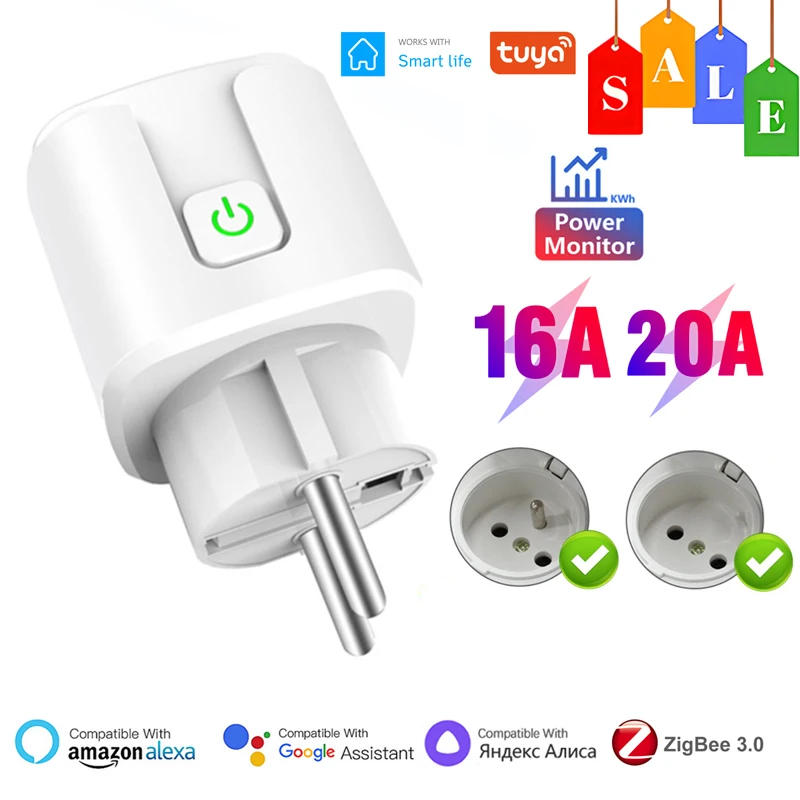 Tuya Zigbee Smart Plug With Power Monitoring 20A/16A EU Smart Socket Timer Function Voice Control Via Alexa Google Home Yandex