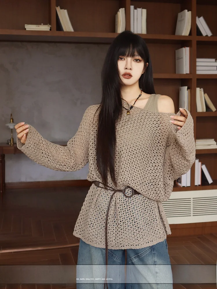 

Retro Sle Women's Knitted Hollow out Loose Fit Top UV Protection Outerwear oulder Baring Spring Autumn Knitwear