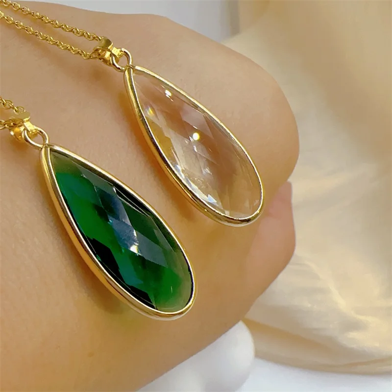 Fashion Charm Crystal Clear Plaid Necklace Classic Retro Long Strip Water Drop Stainless Steel Clavicle Chain Pendant