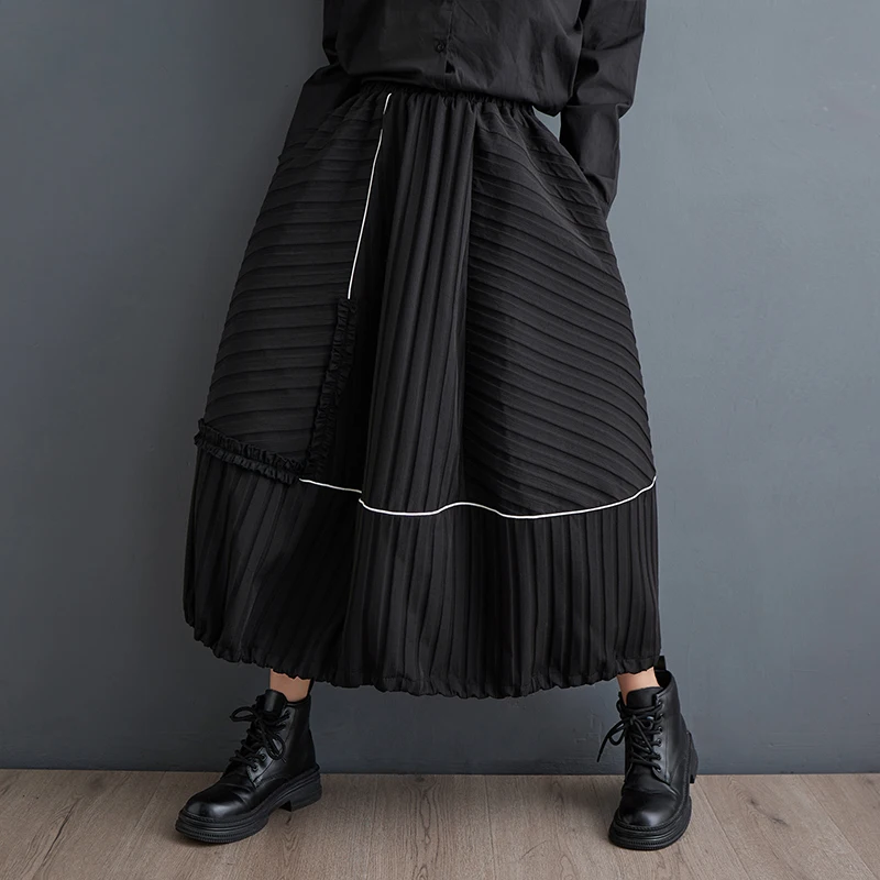 

#3058 Black A-line Skirt Women Loose Split Joint Striped Skirt Ladies Streetwear Hip Hop Woman Gothic Skirt Ankle-length