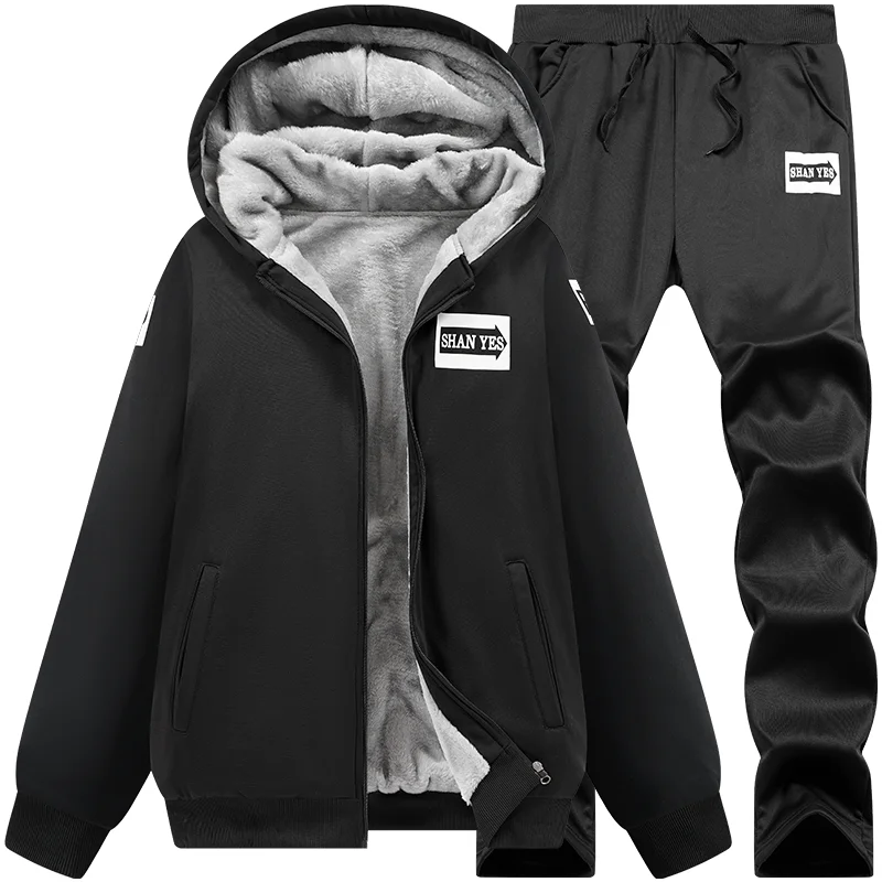 

Brand Fashion Male Winter Warm Hooded Outerwear Suit Tracksuit Lined Thick Sweatshirt + Pants Sportswear Suit New Fleece Men Set