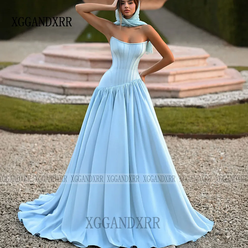 Elegant Sky Blue A Line Prom Dress 2026 Sexy Strapless Boned Satin Skirt Long Evening Party Gown Saudi Arab Woman Formal Wear
